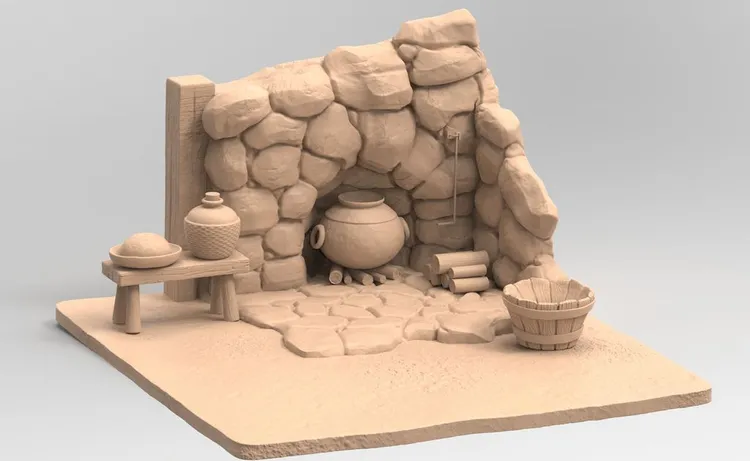 3D stone oven for cooking food with a cauldron, firewood, basket, bowl with bread, and wine bottle