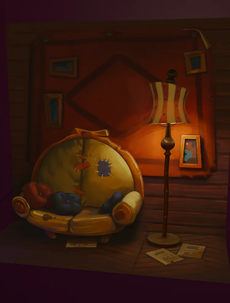 Cartoon-looking room with sofa, lamp, and pictures on the wall