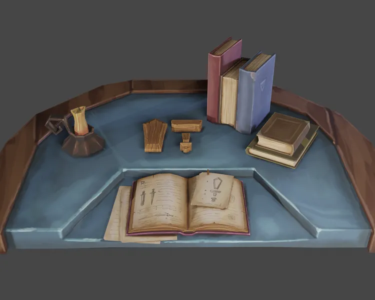 metal table with wood corners. On the table, there are books, candle and a wooden sword around the open book. In the open book, we can see images of parts of the sword.