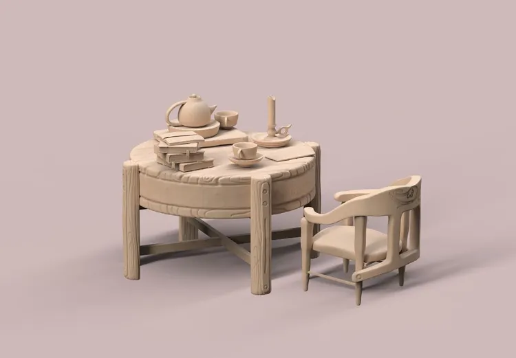 3D Table without textures with tea cups, teapot, candle, books, letter on the table, and chair near it