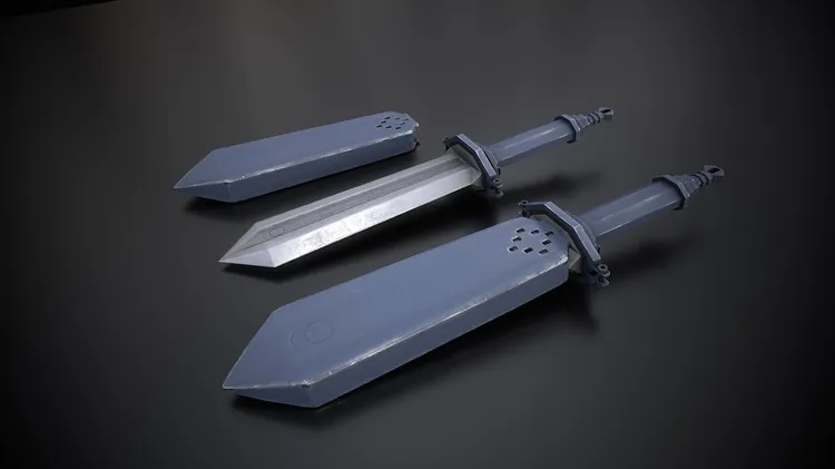 A steel dagger with a blue metallic handle and metallic sheathing