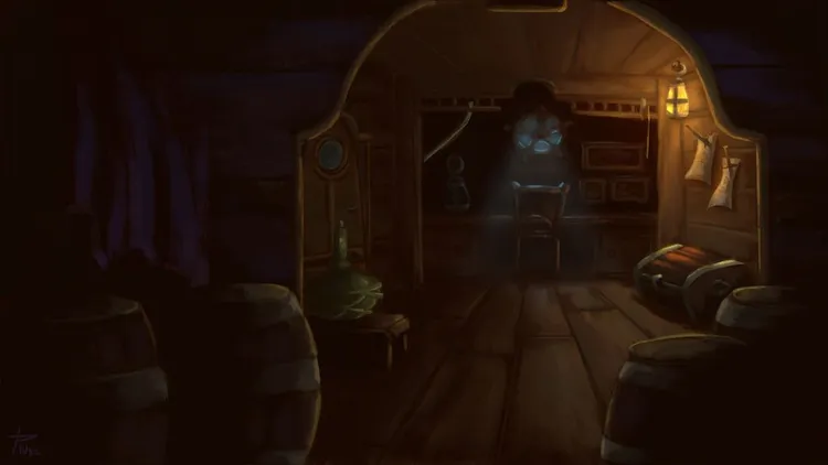 Ship cabin with table, barrels, chest, and notice board in lamp light and a little moonlight