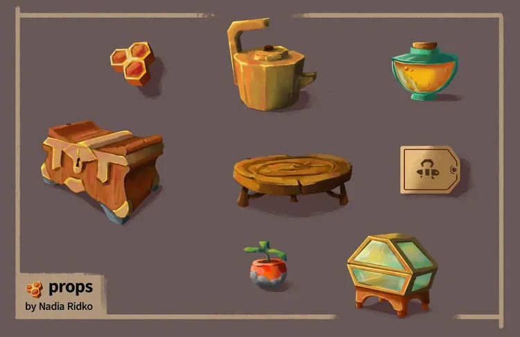 honey props (a chest, a teapot, honey, a greenhouse, a plant in a pot, a table, honeycombs)