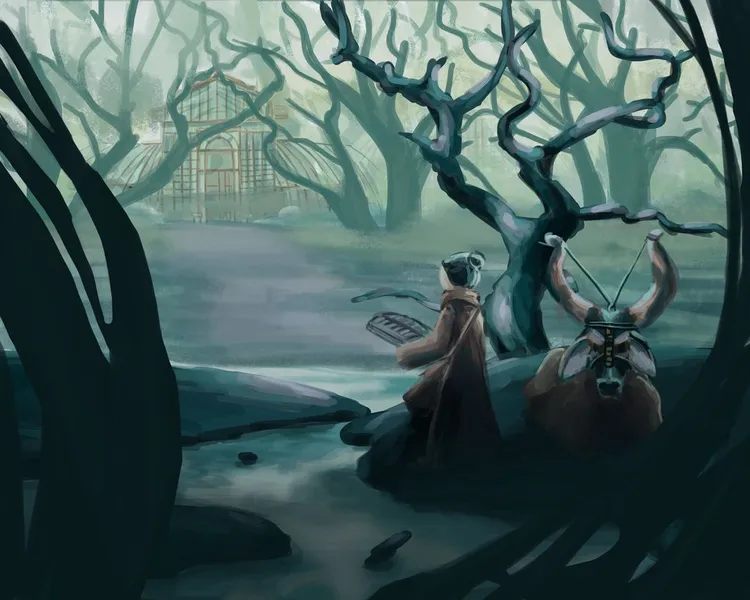 A woman in an overcoat and a scarf looking for a mysterious building in a leafless forest